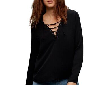 Wilfred Free by Aritzia Black Lace Up Redling Crepe Blouse Flowy Top XS Boho